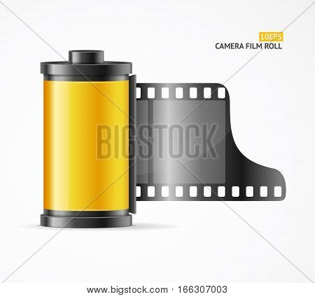 Realistic Yellow Camera Film Roll Cartrige Old Vintage Style for Video or Photo. Vector illustration
