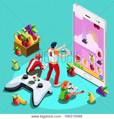 Video game UX development. Web gamer person gaming online with console controller android phone or computer. 3D Isometric People icon set. Creative design vector illustration collection
