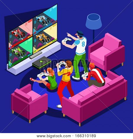 Video game screen and gamer person gaming online with console controller android phone or computer. 3D Isometric People icon set. Creative design vector illustration collection