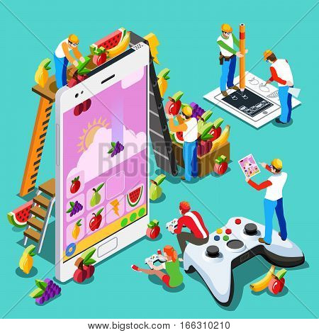Video game UX development. Web gamer person gaming online with console controller android phone or computer. 3D Isometric People icon set. Creative design vector illustration collection