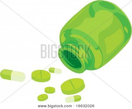 ilustrace láhev a medicína kapsle na bílém pozadí