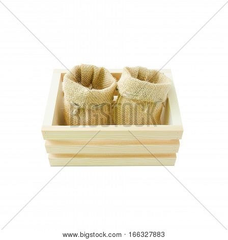 Empty wood box and hemp sack bag isolated on white background with clipping path