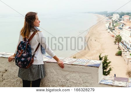 Girl Enjoying The Panoramic View Of Sperlonga. Italy