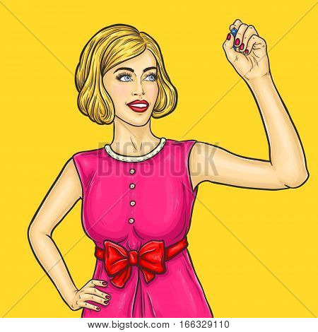 Vector pop art illustration of a blonde girl pretends that she wrote marker