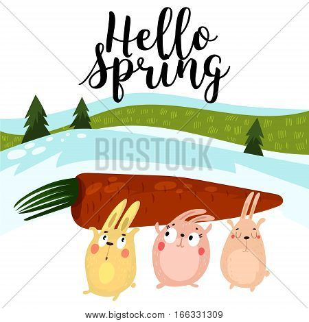 Hello Spring Greeting Card. Hand Drawn Illustration With Cartoon Rabbit.bright Easter Concept Card W