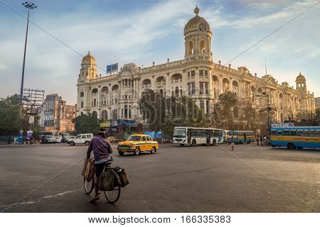 KOLKATA, INDIA -JANUARY 22, 2017: Important city road junction landmark at Chowringhee Dharamtala crossing Kolkata with colonial heritage buildings.