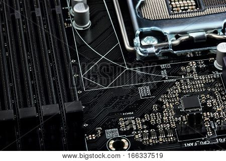 Empty cpu processor socket on a computer motherboard with pins visible. Empty cpu processor socket on a computer motherboard with pins visible. Concept computer harware.selective focus