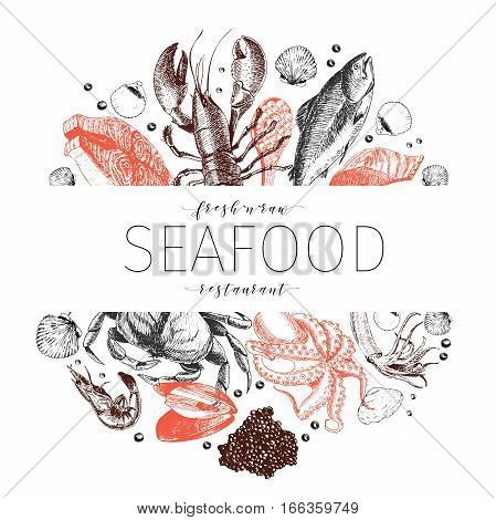 Vector hand drawn seafood banner. Lobster salmon crab shrimp ocotpus squid clams.Engraved art in border composition. Delicious menu objects. Use for restaurant promotion market store flyer