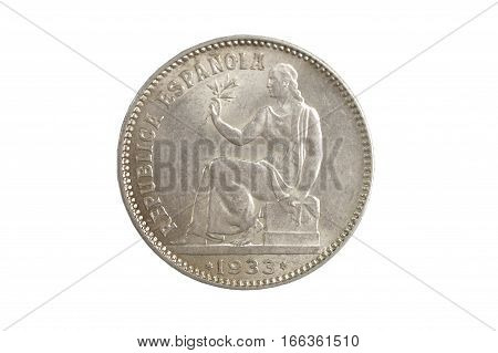 Spanish currency one peseta Republica Española 1933 isolated on a white background