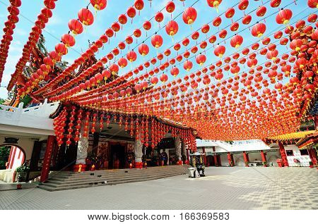 Lanterns decoration in Thean Hour Temple during month of Chinese New Year, Kuala Lumpur, Malaysia.