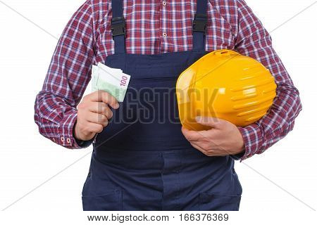 Close up picture of a male engineer holding his helmet and monthly salary