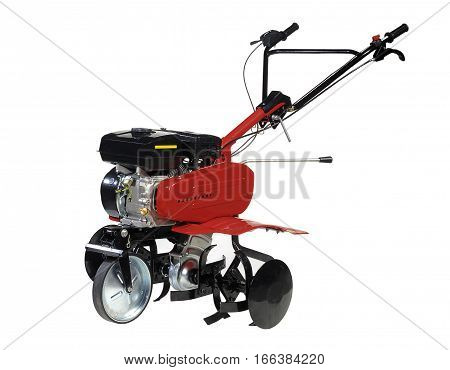 A red rotavator on a white background