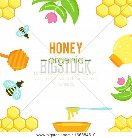 Honey background. Bee design. Natural organic elements. Cartoon honeycomb. Flat argiculture collection