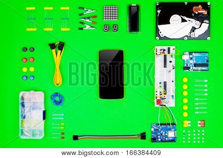 Top View Of Desktop Of  Hardware Engineer