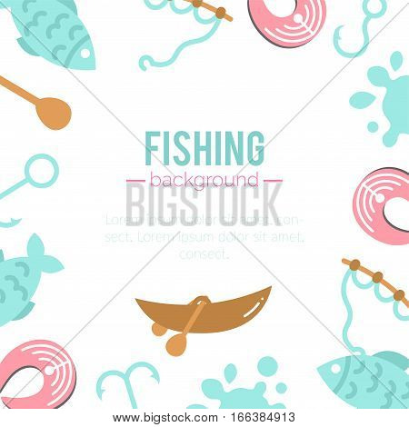 Fishing background. Vector paddles illustration. Hooks for fish. Salmon steak. Fishing rod in cartoon style. Flat argiculture collection.