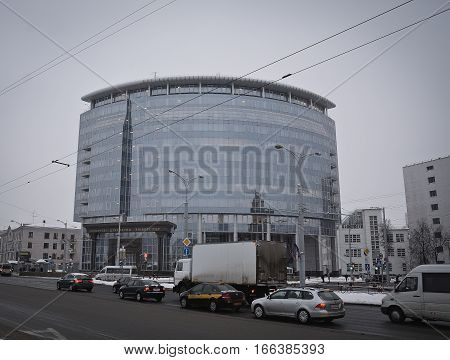 MINSK, BELARUS - January 11, 2017. housing Belarusian State University in Minsk near the train station and McDonalds.