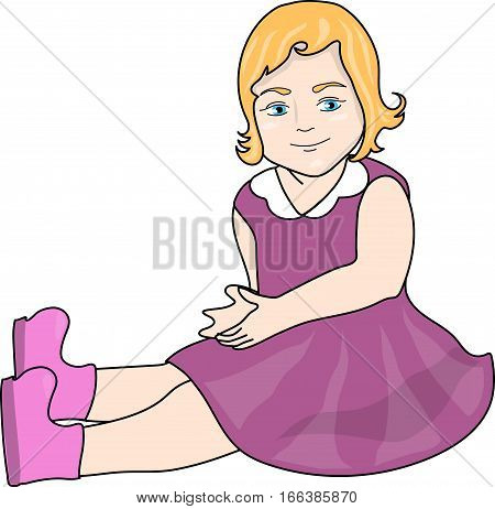 The little girl sitting in a purple dress and pink shoes.