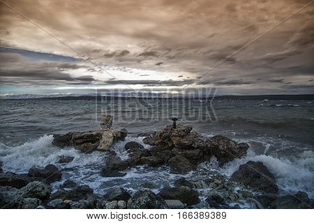 Seacoast by the Mediterranean sea in the evening dramatic