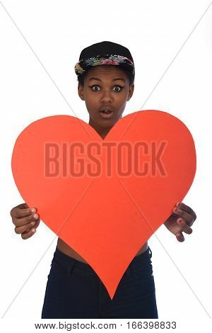 Portrait of a teenager in love on a white background