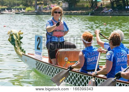 Rome Italy - July 30 2016: Dragon boat crews compete at the european championships held in Italy in 2016 summer the Italian crew