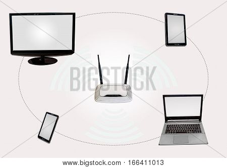 Wireless Internet connectivity (WiFi) hotspot with router desktop monitor laptop tab smart phone isolated in white.