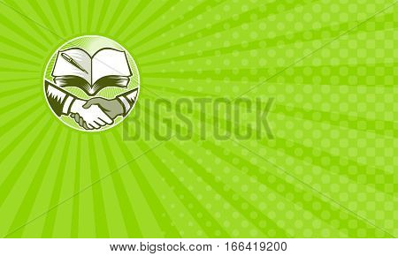 Business card showing Illustration of two hands in handshake one white and the other black set inside circle done in retro woodcut style with textbook book and pen in background.