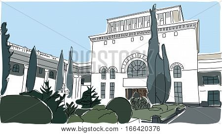 travelingold building street sketch and watercolor vector