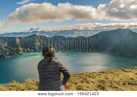 Young Woman Watching The View At Quilotoa Lake