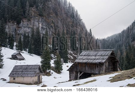 Idyllic wooden traditional herdsmen cottage on alpine meadow