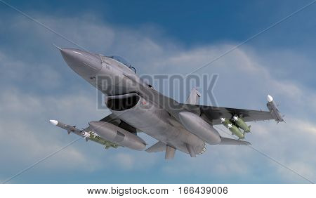 F -16 , american military fighter plane.Jet plane. Fly in clouds. 3d rendering