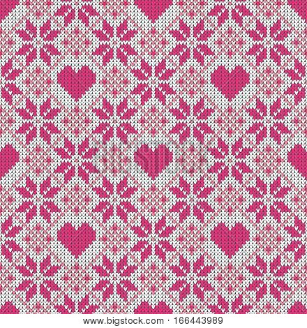 Seamless pattern on the theme of holiday Valentine's Day with an image of the Norwegian and fairisle patterns. Pink hearts on a white background. Wool knitted texture. Vector Illustration
