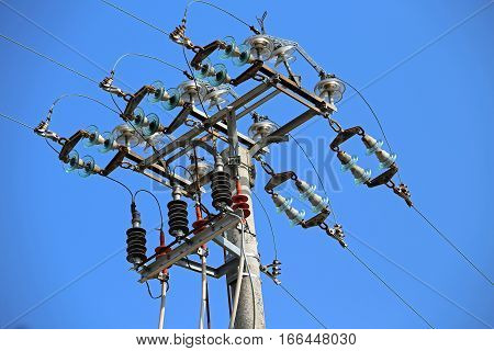 Big Switches Of A High Voltage Power Line With  Concrete Pole An