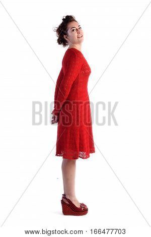 Full portrait woman in red on a white background