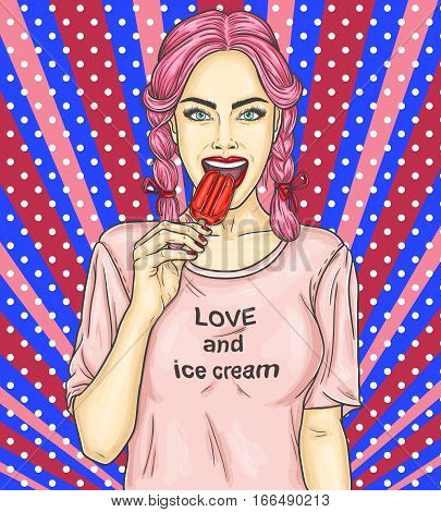 Vector pop art pin up illustration of a young sexy girl eating eskimo pie