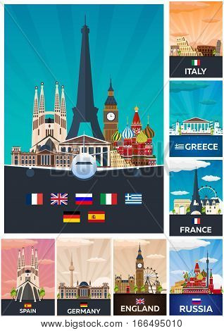 Big Collection Of Travel Posters To The Europe. Schengen. Vecor Flat Illustration.
