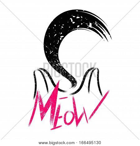 Vector illustration kitten calligraphy sign for printing. Cute cat poster with the inscription, the ears and the sound of meow and tail Vintage design.