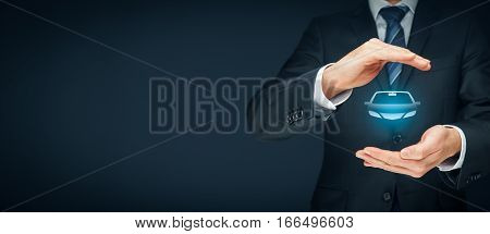Car (automobile) insurance and collision damage waiver concepts. Insurer (insurance agent) with protective gesture and icon of a car.