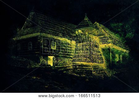idylic willage houses with wooden belfry, pencil drawing on paper with color effect
