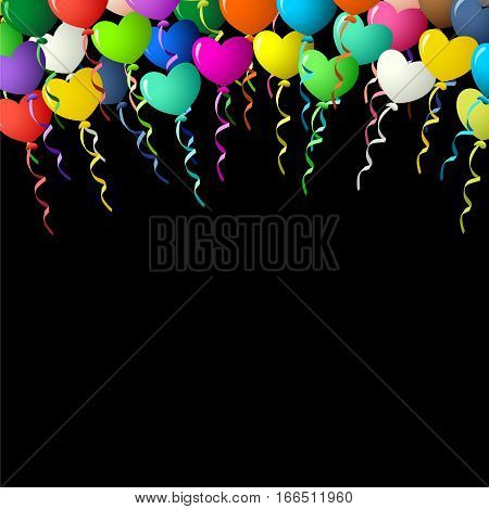 Scalable vectorial image representing a colorful heart balloons on ribbons over black background.