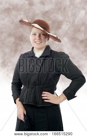 young smiling woman in vintage costume 1900s