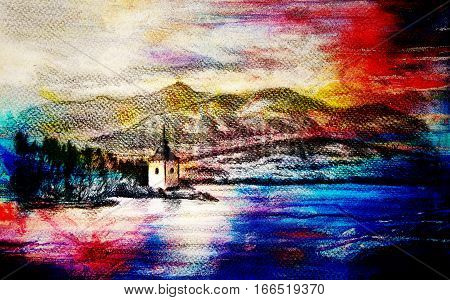 landcsape scenery with lake, chapel and mountains, pencil drawing, magical color effect