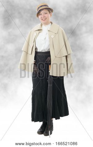 young smiling woman in vintage costume 1900s