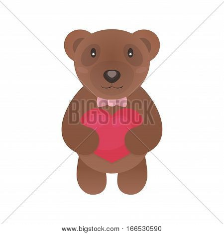 Valentine bear with heart in hands isolated on white background. Vector Illustration