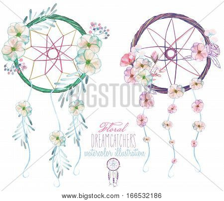 Illustration with floral dreamcatchers, hand drawn isolated in watercolor on a white background