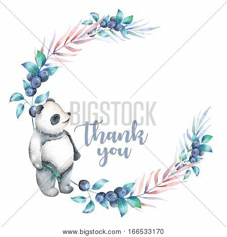 Illustration, wreath with watercolor panda, blueberry and plants, hand drawn isolated on a white background, invitation, greeting card