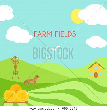 Farm fields landscape. Cartoon green field of sowing. Summer scene with hills and land. Flat argiculture collection.
