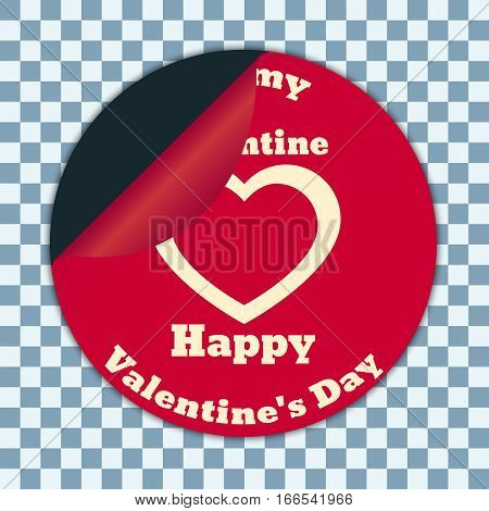 Round sticker with a bent corner. White inscription Happy Valentine's on a red background.