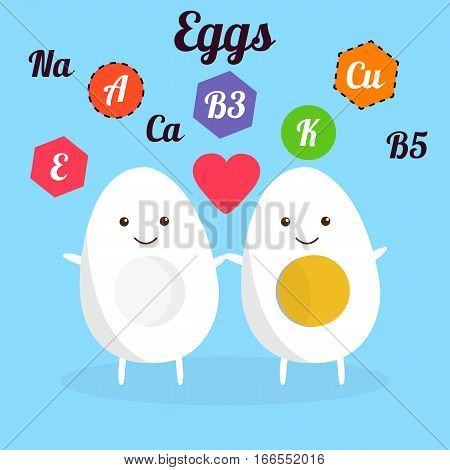 Illustration with funny character. Cute and healthy food. Vitamins contained in eggs. Food with kawaii face. Vector cartoon