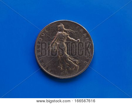 1 Franc Coin, France Over Blue