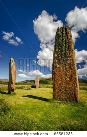Machrie Moor standing stones on fields in sunny weather Isle of Arran Scotland